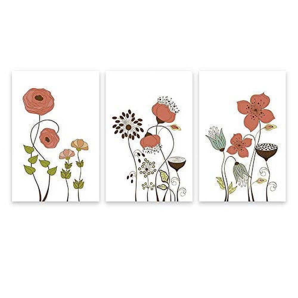 wall26-3 Panel Canvas Wall Art - Hand Drawing Style Flowers on White ...