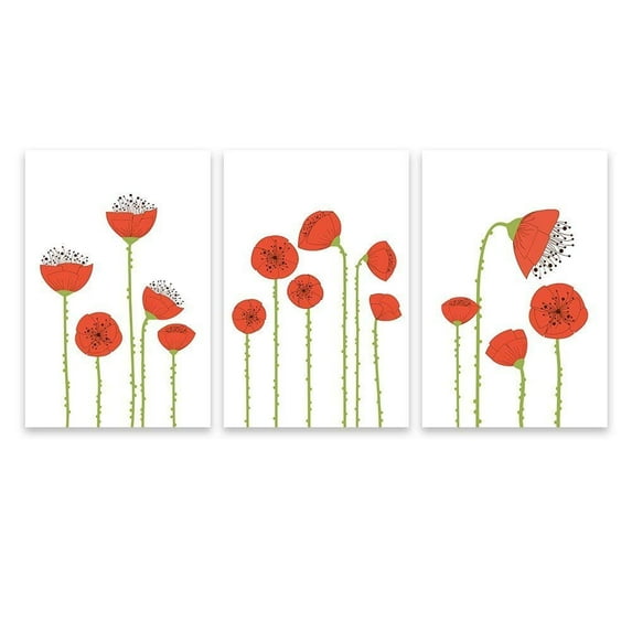 wall26-3 Panel Canvas Wall Art - Hand Drawing Style Red Poppy Flowers - Giclee Print Gallery Wrap Modern Home Art Ready to Hang - 24"x36" x 3 Panels