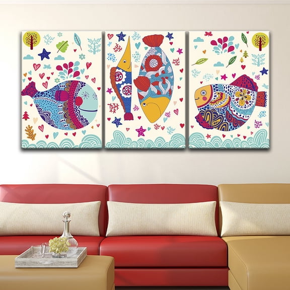 wall26 3 Panel Canvas Wall Art - Hand Drawn Colorful Fish Pattern - Giclee Print Gallery Wrap Modern Home Art Ready to Hang - 16"x24" x 3 Panels