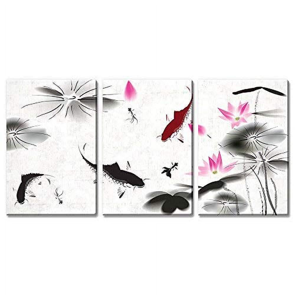 wall26 3 Panel Canvas Wall Art - Ink Painting Style Fish in The Pond ...
