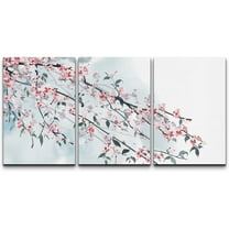 wall26 - 3 Panel Canvas Wall Art - Ink Painting Style Pink Cherry Blossom on The Branch - Giclee Print Gallery Wrap Modern Home Art Ready to Hang - 24"x36" x 3 Panels