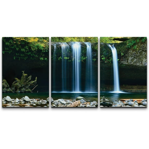 wall26 3 Panel Canvas Wall Art - Landscape Waterfall in The Forest - Giclee Print Gallery Wrap Modern Home Art Ready to Hang - 16"x24" x 3 Panels