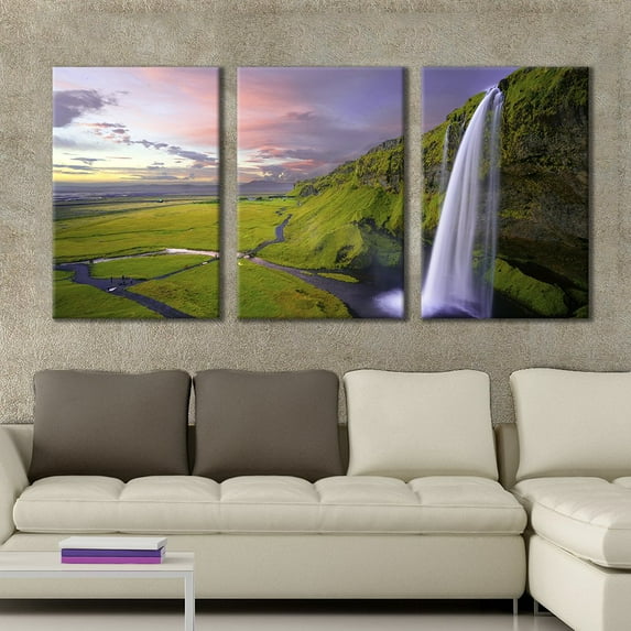 wall26 - 3 Panel Canvas Wall Art - Majestic Natural Landscape Triptych Canvas - Long Exposure of Waterfall Near Valley - Giclee Print Gallery Wrap Modern Home Art Ready to Hang - 24"x36" x