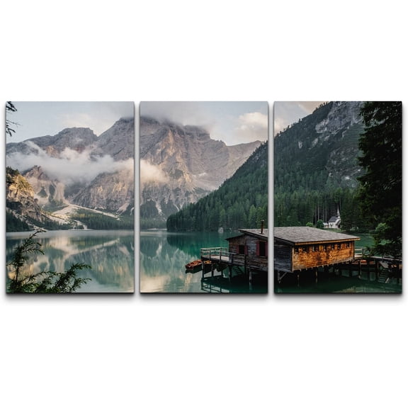 wall26 - 3 Panel Canvas Wall Art - Majestic Natural Landscape Triptych Canvas Series - Cabin on The Lake - Giclee Print Gallery Wrap Modern Home Art Ready to Hang - 24"x36" x 3 Panels