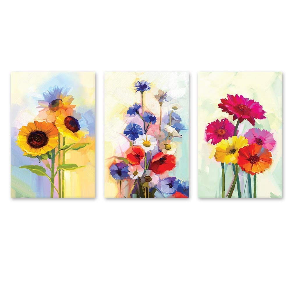 wall26 - 3 Panel Canvas Wall Art - Oil Painting Style Colorful Flowers ...