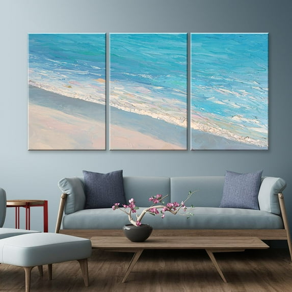 wall26 - 3 Panel Canvas Wall Art - Oil Painting Style Seascape with Waves on The Beach - Giclee Print Gallery Wrap Modern Home Art Ready to Hang - 16"x24" x 3 Panels