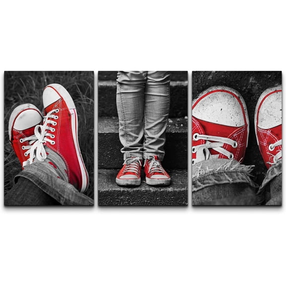 wall26 3 Panel Canvas Wall Art - Partial Color Red Canvas Shoes - Giclee Print Gallery Wrap Modern Home Art Ready to Hang - 24"x36" x 3 Panels