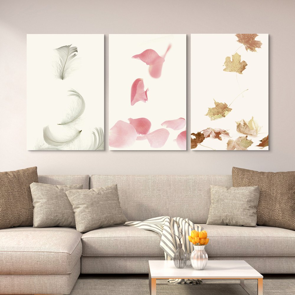 wall26-3 Panel Canvas Wall Art - Pink Flower Petals Feathers and Leaves ...
