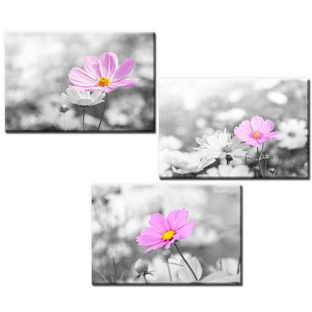 wall26 - 3 Panel Canvas Wall Art - Pink Flowers Against Black and White ...