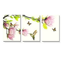 wall26-3 Panel Canvas Wall Art - Pink Magnolia Flowers with Birds and Butterflies - Giclee Print Gallery Wrap Modern Home Art Ready to Hang - 16"x24" x 3 Panels