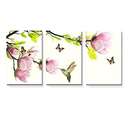 wall26-3 Panel Canvas Wall Art - Pink Magnolia Flowers with Birds and Butterflies - Giclee Print Gallery Wrap Modern Home Art Ready to Hang - 16"x24" x 3 Panels