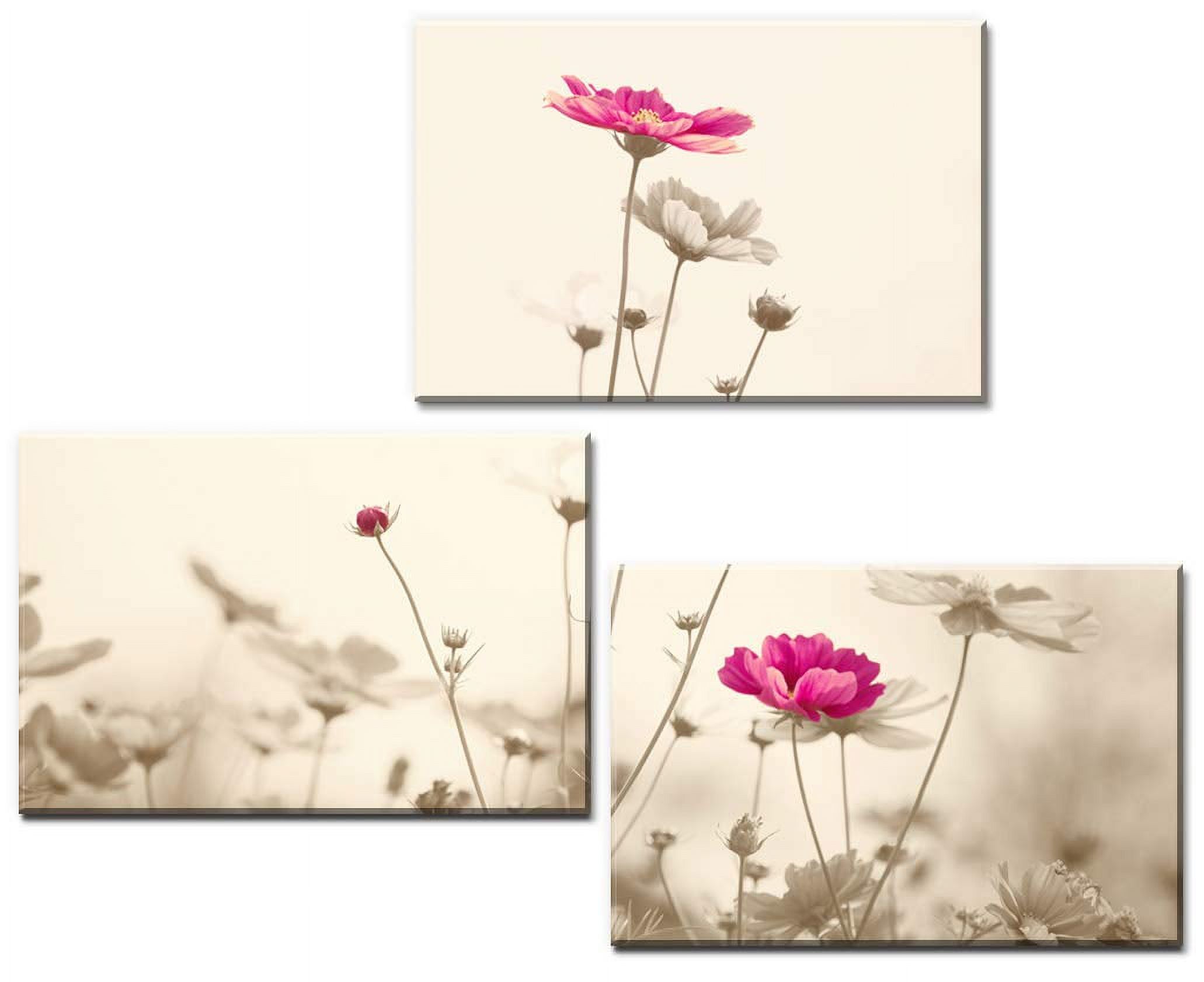 wall26 - 3 Panel Canvas Wall Art - Retro Style Pink Flowers - Giclee ...