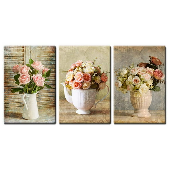 wall26 - 3 Panel Canvas Wall Art - Retro Style White and Pink Roses - Giclee Print Gallery Wrap Modern Home Art Ready to Hang - 16"x24" x 3 Panels