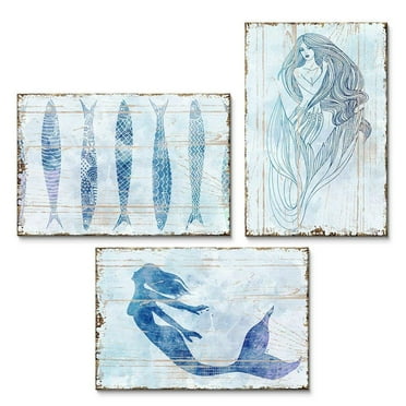wall26 - 3 Panel Canvas Wall Art - Rustic Style Mermaid Fish - Giclee Print Gallery Wrap Modern Home Art Ready to Hang - 24&quot;x36&quot; x 3 Panels