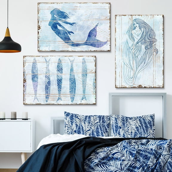 wall26 3 Panel Canvas Wall Art - Rustic Style Mermaid and Fish - Giclee Print Gallery Wrap Modern Home Art Ready to Hang - 16"x24" x 3 Panels