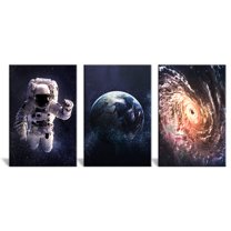 wall26 - 3 Panel Canvas Wall Art - Space Theme with Astronaut The Earth and The Universe - Giclee Print Gallery Wrap Modern Home Art Ready to Hang - 24"x36" x 3 Panels