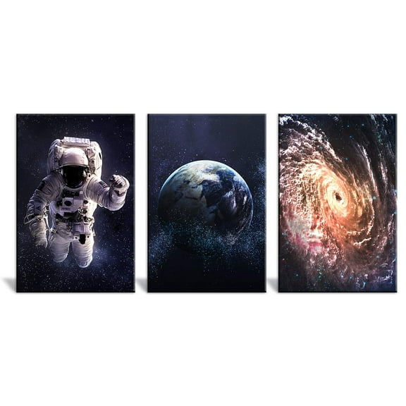wall26 - 3 Panel Canvas Wall Art - Space Theme with Astronaut The Earth and The Universe - Giclee Print Gallery Wrap Modern Home Art Ready to Hang - 24"x36" x 3 Panels
