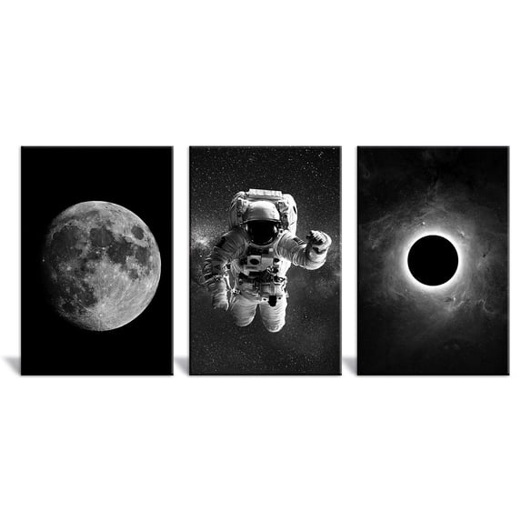 wall26 - 3 Panel Canvas Wall Art - Space Theme with Astronaut and The Moon in Black and White - Giclee Print Gallery Wrap Modern Home Art Ready to Hang - 16"x24" x 3 Panels