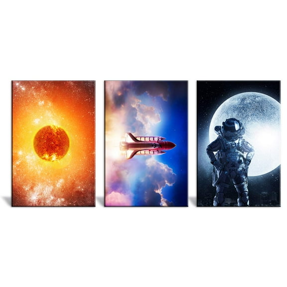 wall26 - 3 Panel Canvas Wall Art - Space Theme with The Burning Planet, Rockets and The Astronaut - Giclee Print Gallery Wrap Modern Home Art Ready to Hang - 24"x36" x 3 Panels