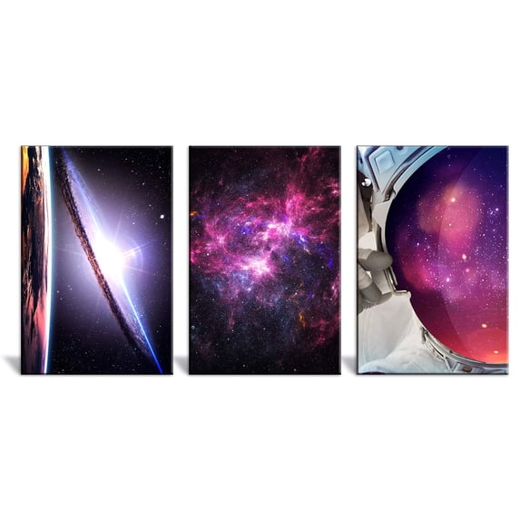 wall26 - 3 Panel Canvas Wall Art - Space Theme with The Universe, Milk and Astronaut - Giclee Print Gallery Wrap Modern Home Art Ready to Hang - 16"x24" x 3 Panels