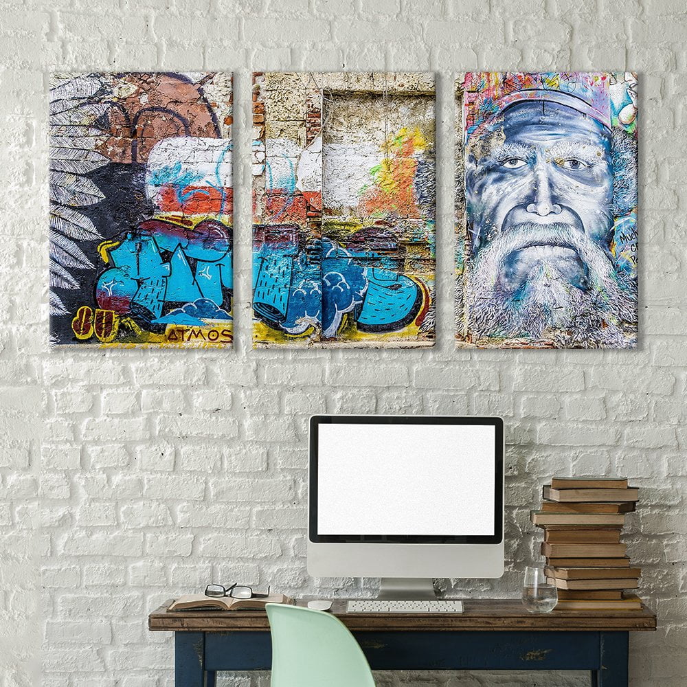 Rustic Graffiti wall26 - 3 Panel Canvas Wall Art - Triptych Street Graffiti Series ...