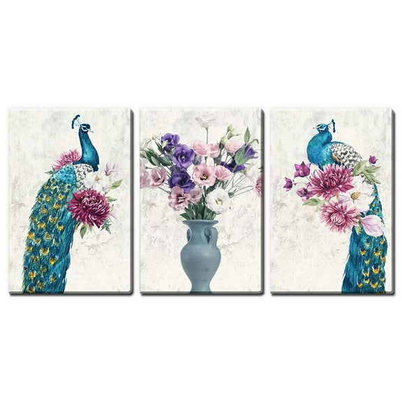 wall26 - 3 Panel Canvas Wall Art - Vintage Style Peacock and Flowers - Giclee Print Gallery Wrap Modern Home Art Ready to Hang - 24"x36" x 3 Panels