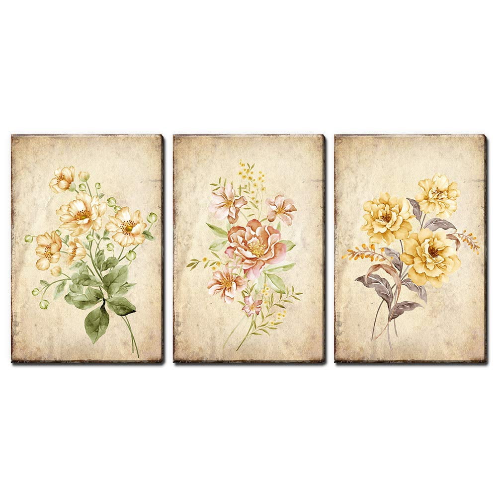 wall26 - 3 Panel Canvas Wall Art - Vintage Style White Pink and Yellow ...