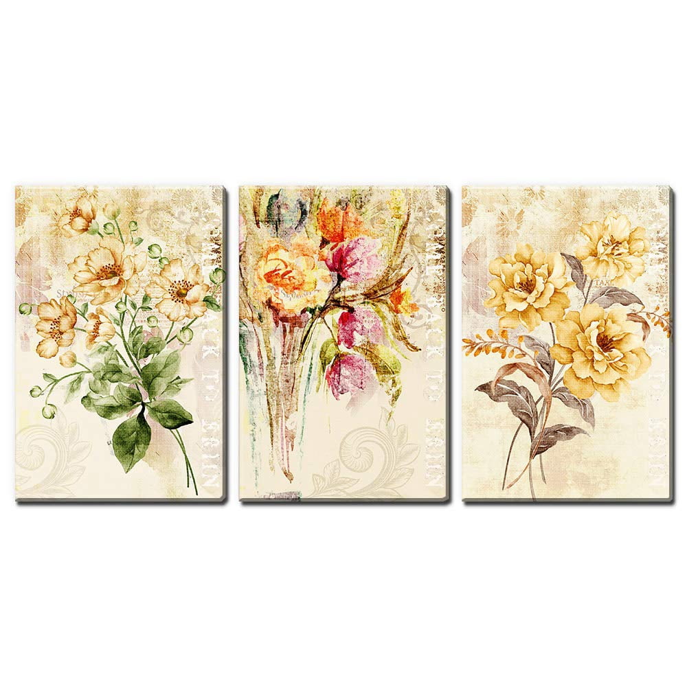 wall26 - 3 Panel Canvas Wall Art - Vintage Style Yellow Flowers ...