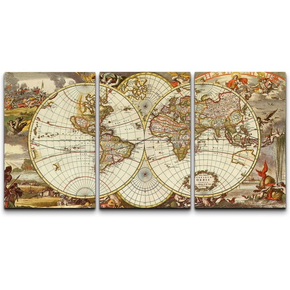 wall26 - 3 Panel Canvas Wall Art - Vintage World Map - Giclee Print Gallery Wrap Modern Home Art Ready to Hang - 16$ x 3 Panels