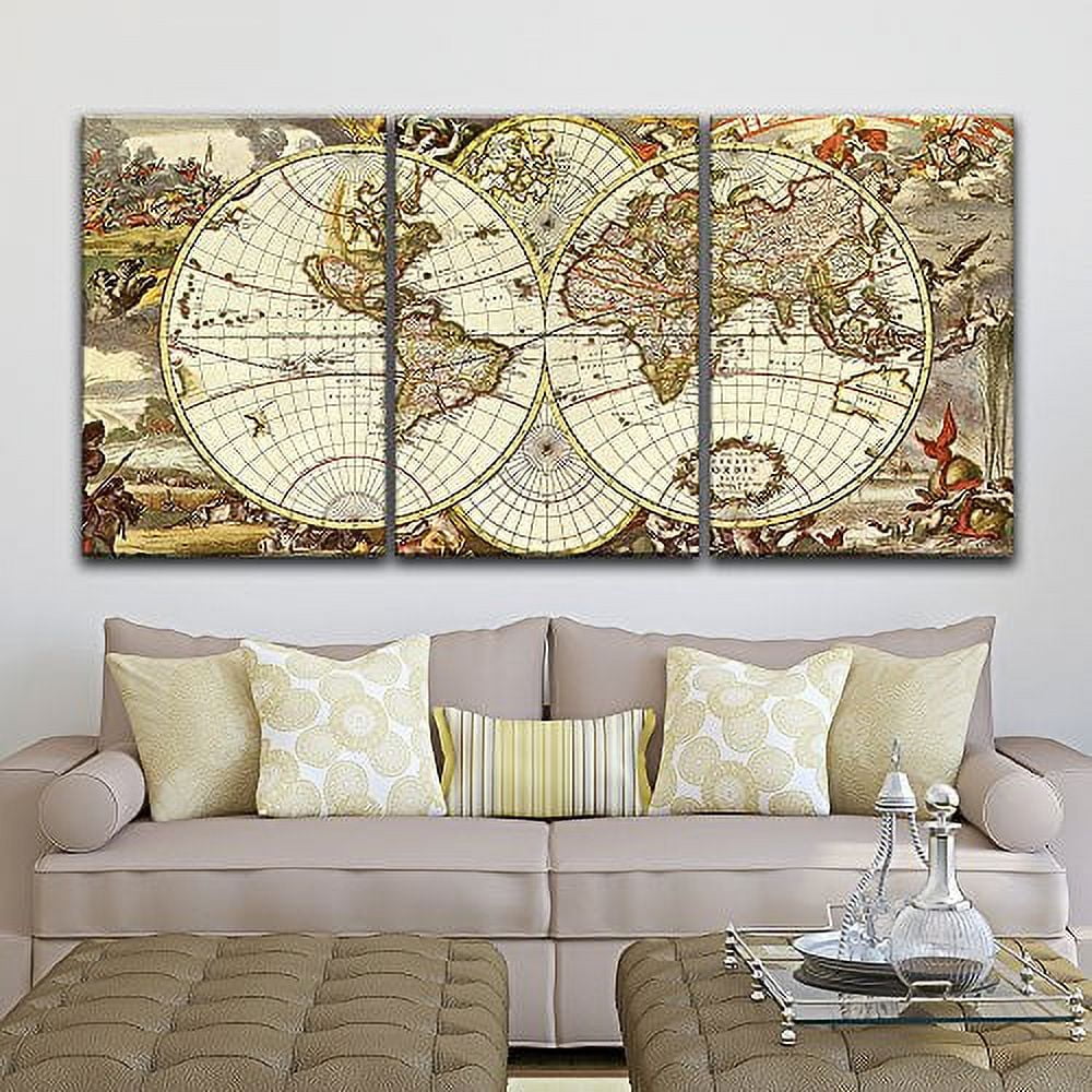 Wall26 3 Panel Canvas Wall Art - Vintage World Map - Giclee Print Gallery  Wrap Modern Home Decor Ready to Hang - 24