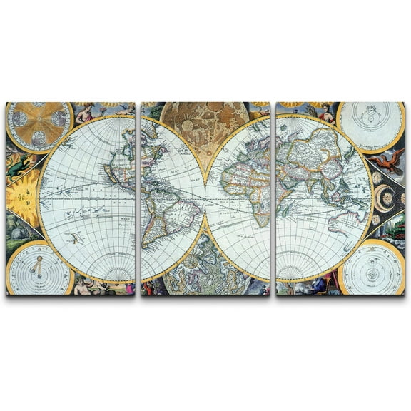 wall26 - 3 Panel Canvas Wall Art - Vintage World Map - Giclee Print Gallery Wrap Modern Home Art Ready to Hang - 24"x36" x 3 Panels