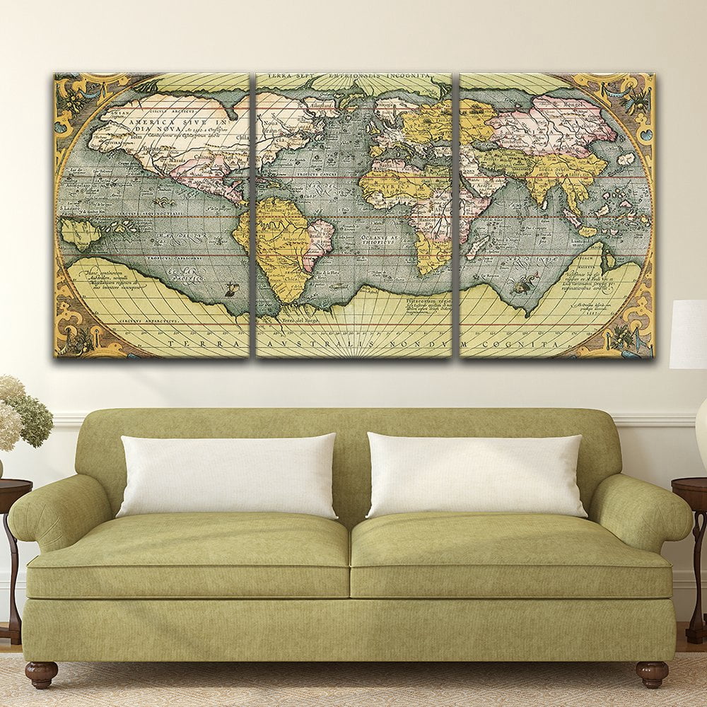 wall26 - 3 Panel Canvas Wall Art - Vintage World Map - Giclee Print ...