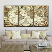 wall26 - 3 Panel Canvas Wall Art - Vintage World Map - Giclee Print Gallery Wrap Modern Home Art Ready to Hang - 24"x36" x 3 Panels