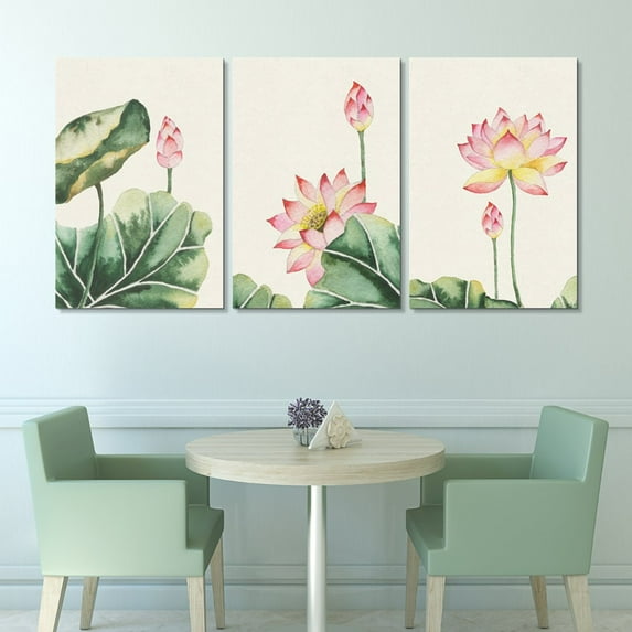 wall26 - 3 Panel Canvas Wall Art - Watercolor Painting Style Pink Lotus Flowers and Leaves - Giclee Print Gallery Wrap Modern Home Art Ready to Hang - 24"x36" x 3 Panels