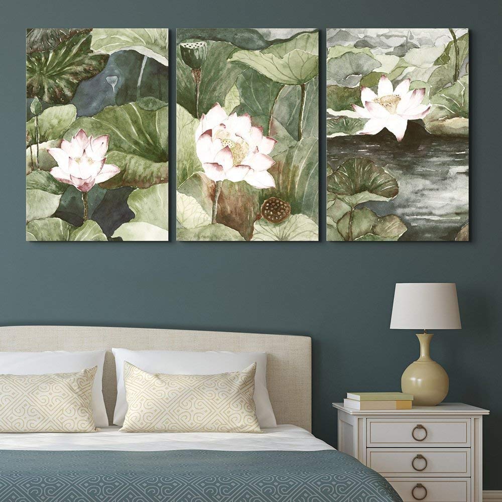 wall26 - 3 Panel Canvas Wall Art - Watercolor Style Lotus Flowers and ...