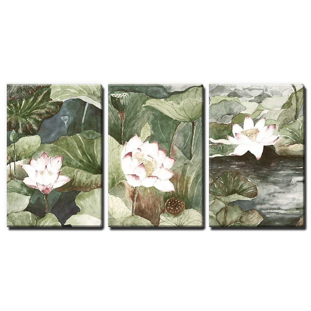 wall26 - 3 Panel Canvas Wall Art - Watercolor Style Lotus Flowers and ...