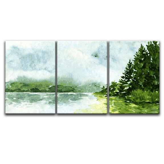 wall26 - 3 Panel Canvas Wall Art - Watercolor Style Mountain Trees Calm Lake - Giclee Print Gallery Wrap Modern Home Art Ready to Hang - 24"x36" x 3 Panels