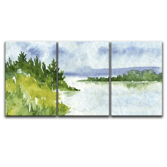 wall26 - 3 Panel Canvas Wall Art - Watercolor Style Trees Calm Lake - Giclee Print Gallery Wrap Modern Home Art Ready to Hang - 16"x24" x 3 Panels