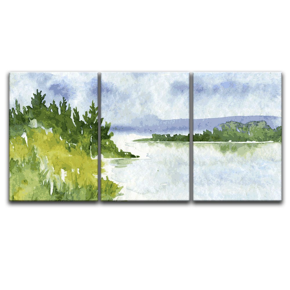 wall26 - 3 Panel Canvas Wall Art - Watercolor Style Trees Calm Lake ...