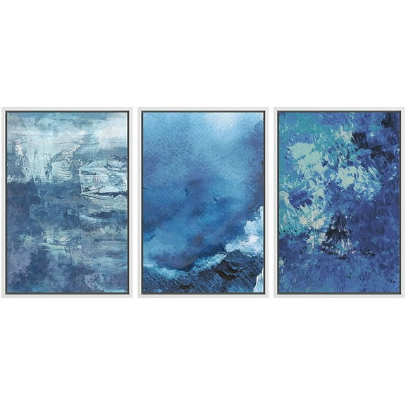 wall26-3 Panel Framed Canvas Wall Art - Abstract Blue Artworks - Giclee Print Gallery Wrap Modern Home Art Ready to Hang - 16"x24"x3 WHITE