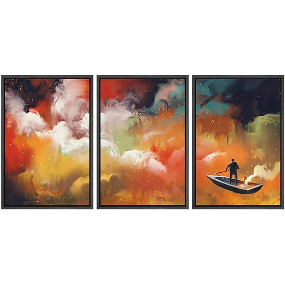 wall26 - 3 Panel Framed Canvas Wall Art - Abstract Man Boating Monster Country - Giclee Print Gallery Wrap Modern Home Art Ready to Hang - 24"x36"x3 BLACK