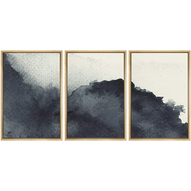 wall26-3 Panel Framed Canvas Wall Art - Black Ink Painting Style Abstract Artwork - Giclee Print Gallery Wrap Modern Home Art Ready to Hang - 16&quot;x24&quot;x3 Natural