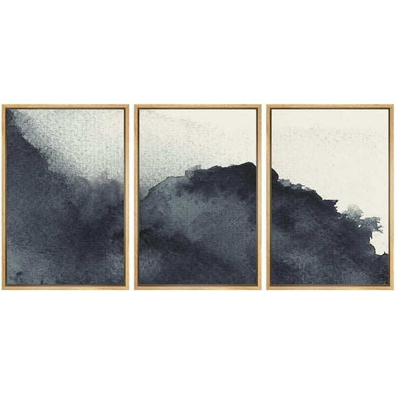 wall26-3 Panel Framed Canvas Wall Art - Black Ink Painting Style Abstract Artwork - Giclee Print Gallery Wrap Modern Home Art Ready to Hang - 16"x24"x3 Natural