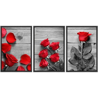 wall26 3 Panel Framed Canvas Wall Art - Black and White Roses with Touch of Red Color - Giclee Print Gallery Wrap Modern Home Art Ready to Hang - 16&quot;x24&quot;x3 Black