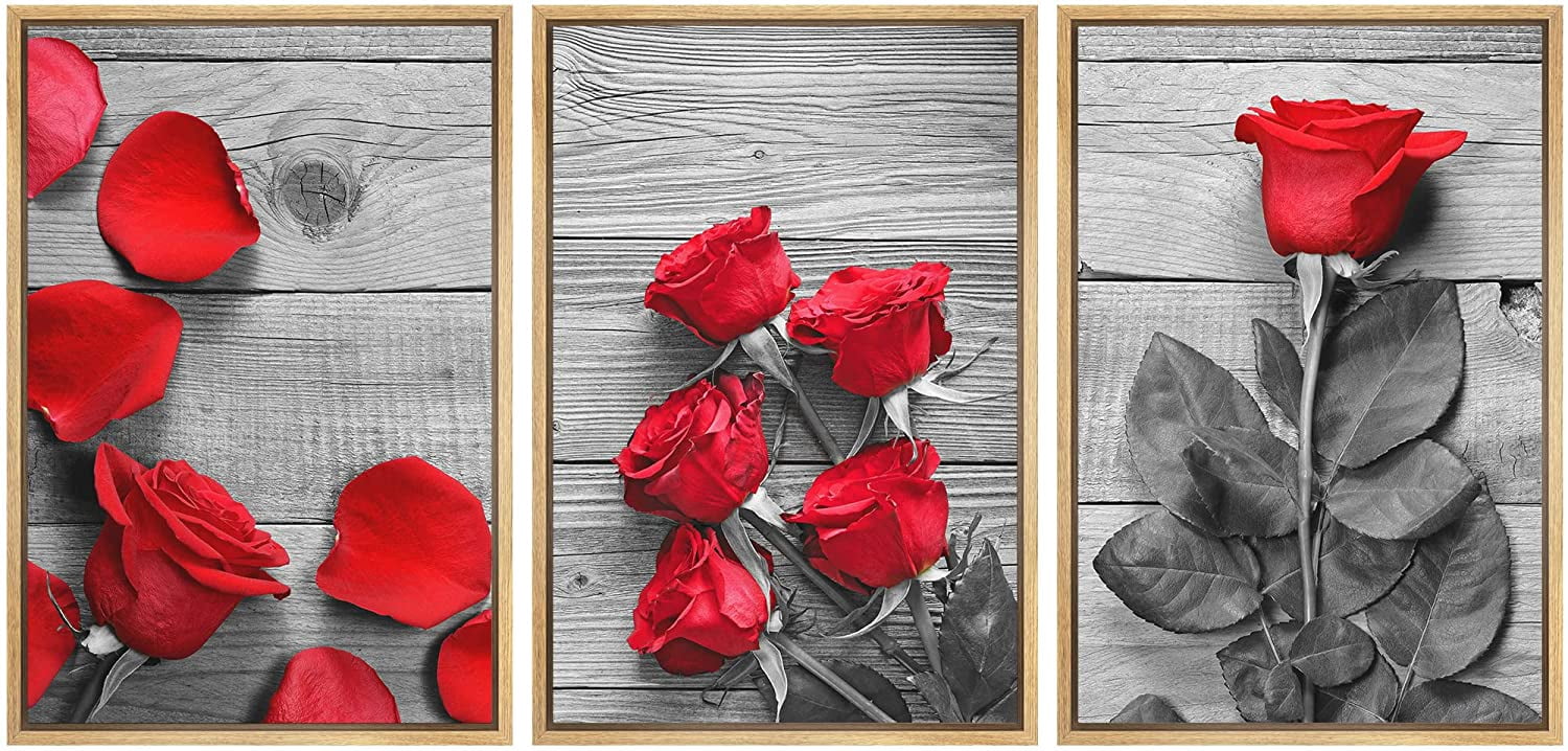wall26 3 Panel Framed Canvas Wall Art - Black and White Roses with ...