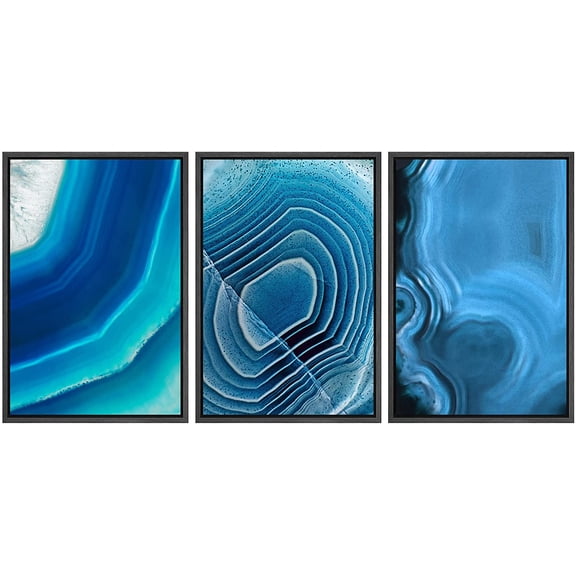 wall26-3 Panel Framed Canvas Wall Art - Blue Agate Patterns - Giclee Print Gallery Wrap Modern Home Art Ready to Hang - 16"x24"x3 BLACK