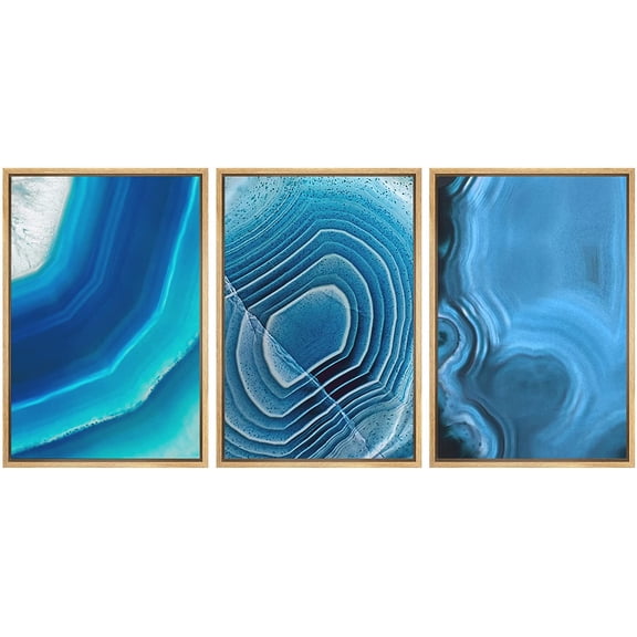 wall26-3 Panel Framed Canvas Wall Art - Blue Agate Patterns - Giclee Print Gallery Wrap Modern Home Art Ready to Hang - 16"x24"x3 NATURAL