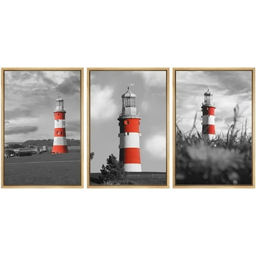 wall26 3 Panel Framed Canvas Wall Art - Bright Color Lighthouse with Black and White Landscape - Giclee Print Gallery Wrap Modern Home Art Ready to Hang - 24&quot;x36&quot;x3 Natural