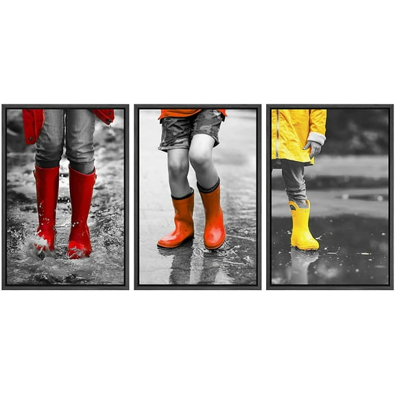 wall26 3 Panel Framed Canvas Wall Art - Bright Color Red and Yellow Rain Boots in Black and White Photo - Giclee Print Gallery Wrap Modern Home Art Ready to Hang - 24"x36"x3 Black