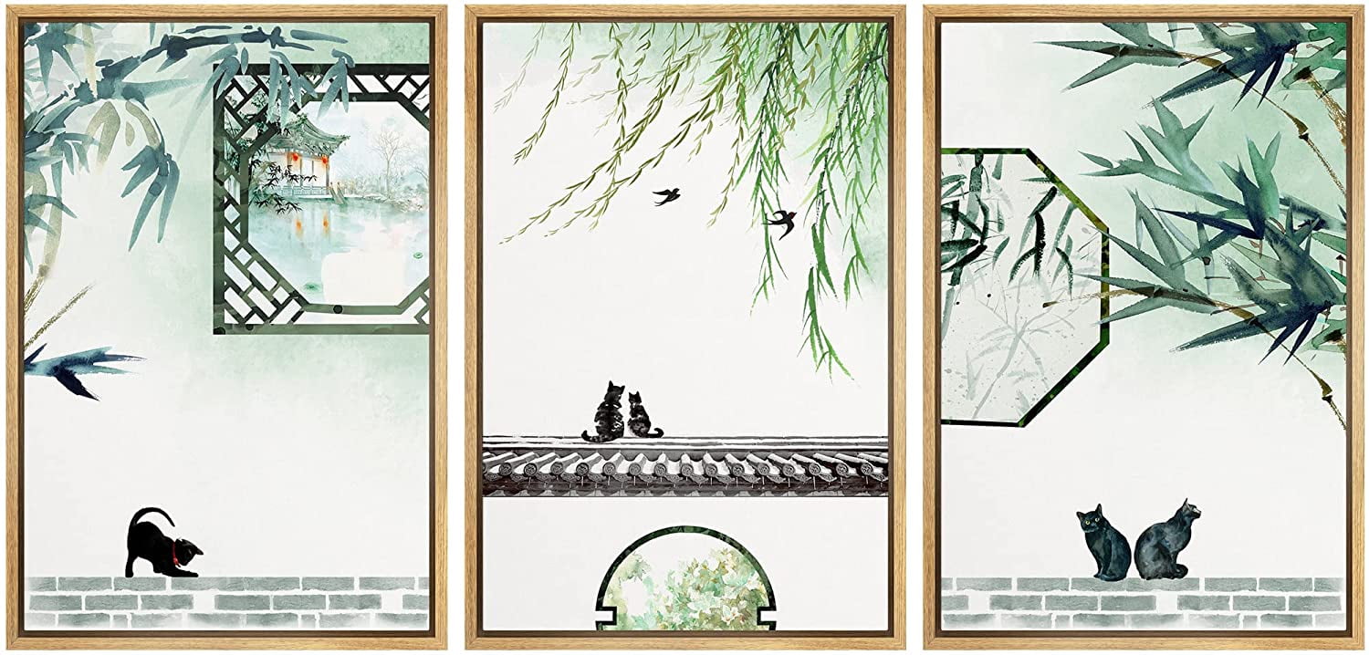 wall26 - 3 Panel Framed Canvas Wall Art - Cats Playing in a Chinese ...